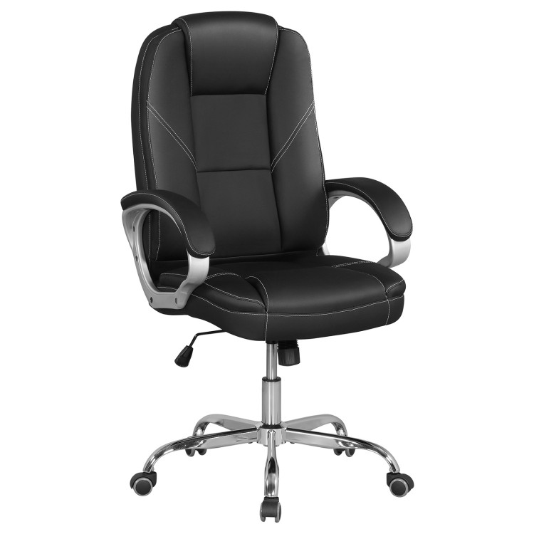 Ergonomic black leather office chair with padded armrests, adjustable height, and rocking backrest for comfort.