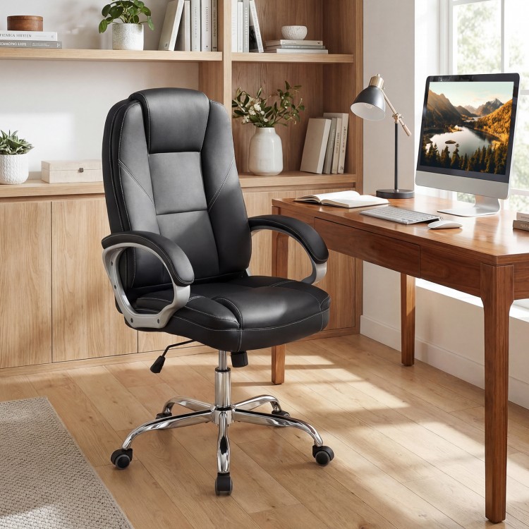 Ergonomic black leather office chair with padded armrests, contoured backrest, and adjustable height for comfort.