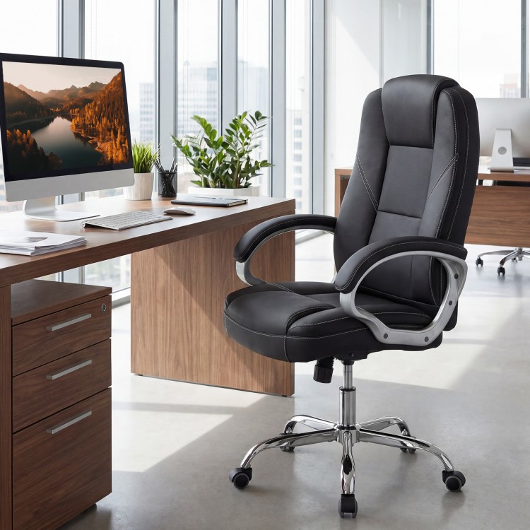 Ergonomic black leather office chair with padded armrests and rocking backrest, designed for comfort and support.