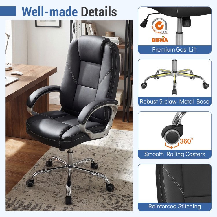 Ergonomic black leather office chair with padded armrests, 360° swivel, and robust metal base for comfort and.