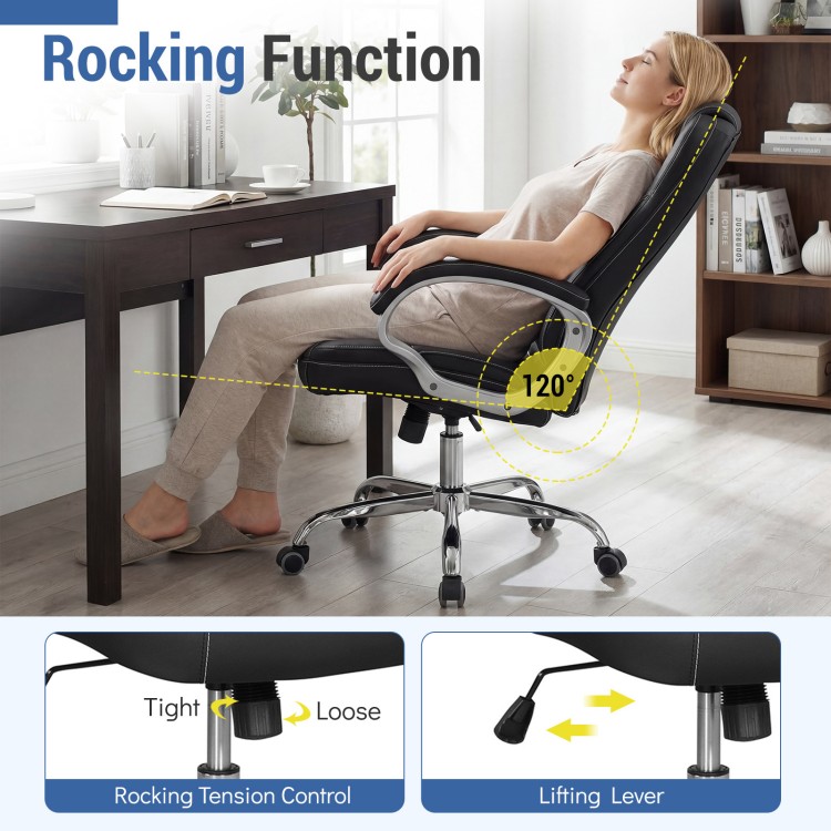 Ergonomic black office chair with padded armrests, rocking backrest, and adjustable height for enhanced comfort.