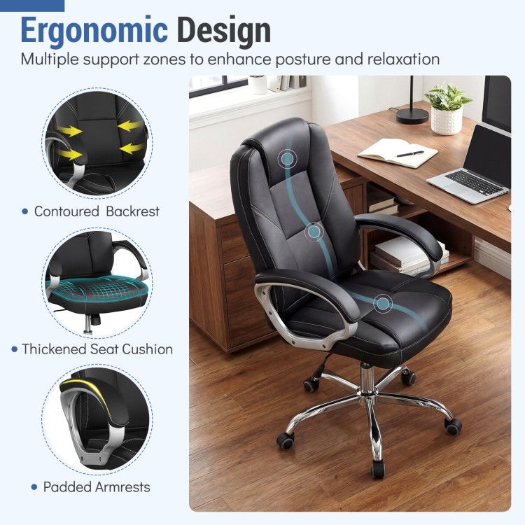 Ergonomic leather office chair with padded armrests, contoured backrest, and thickened seat cushion for comfort.