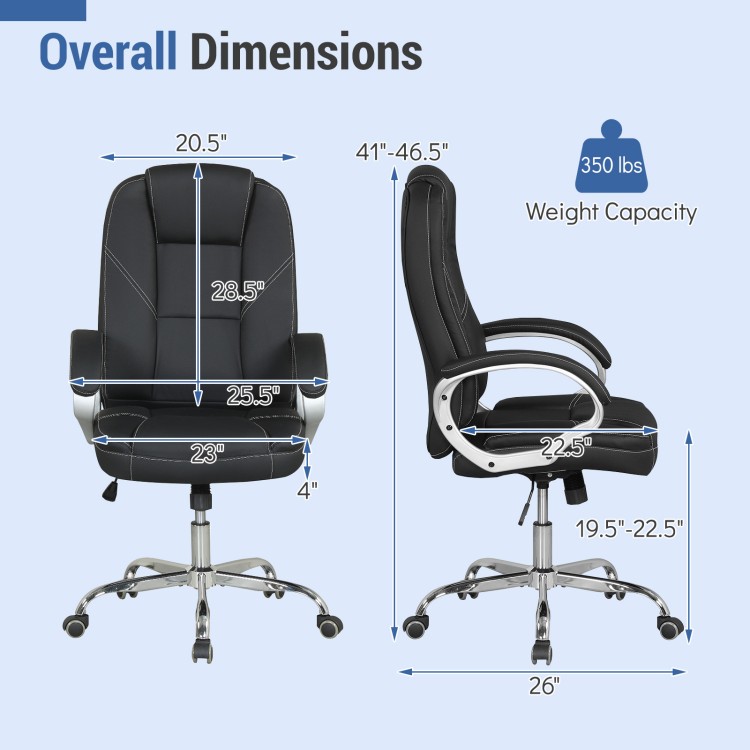 Detailed dimension chart of the ergonomic leather office chair, showcasing height, width, and weight capacity.