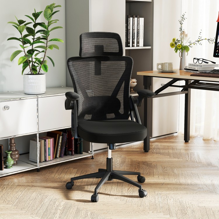 Ergonomic black mesh office chair with adjustable lumbar support and flip-up armrests for comfortable workspace use.