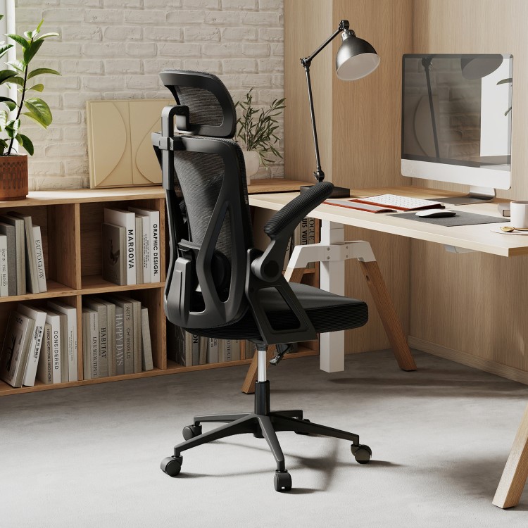 Ergonomic black mesh office chair with adjustable lumbar support and flip-up armrests, ideal for workspace comfort.