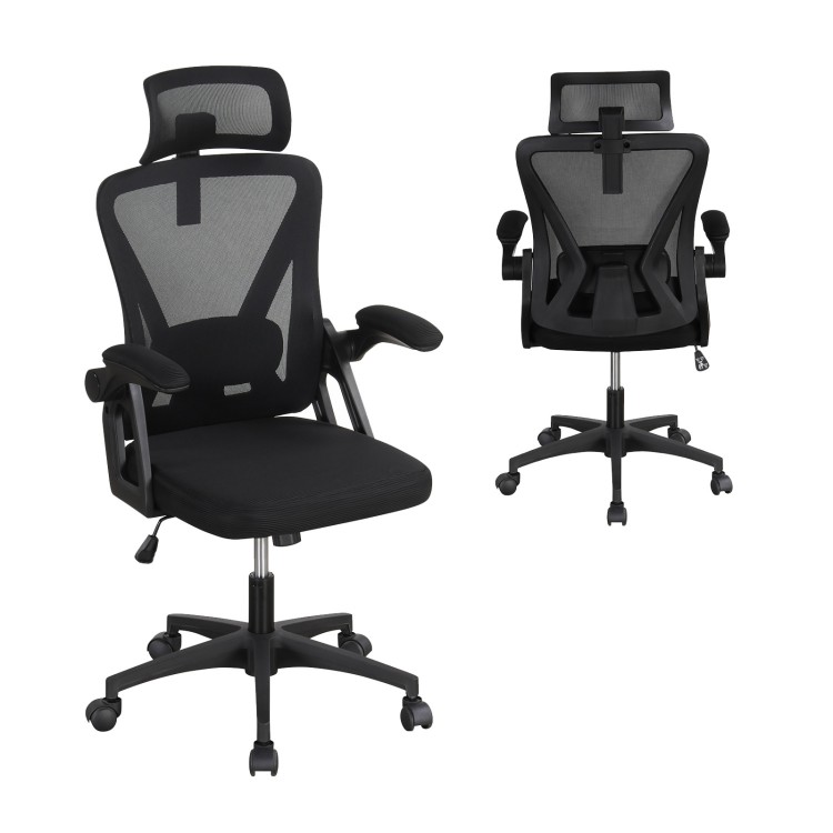 Ergonomic mesh office chair in black with adjustable lumbar support, flip-up armrests, and 360° swivel for comfort.