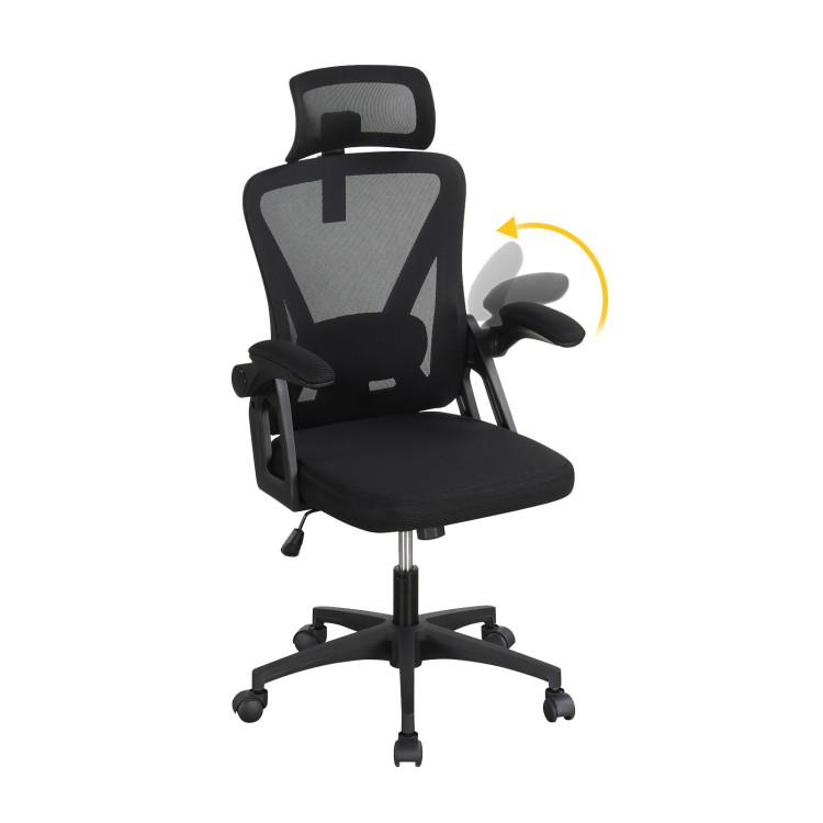 Ergonomic black mesh office chair with adjustable lumbar support and flip-up armrests for customizable comfort.