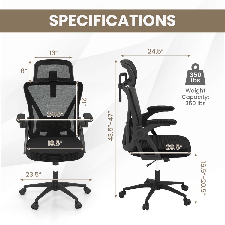 Ergonomic mesh office chair with adjustable lumbar support, flip-up armrests, and 350 lbs weight capacity, side view.