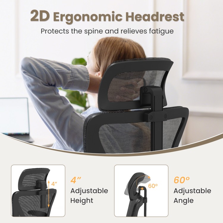Adjustable 2D headrest of the ergonomic mesh office chair for customized comfort and spine support during work.