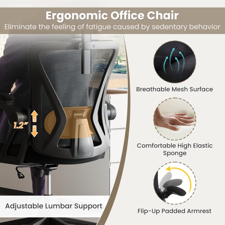 Ergonomic mesh office chair with adjustable lumbar support and flip-up armrests for customizable comfort and.