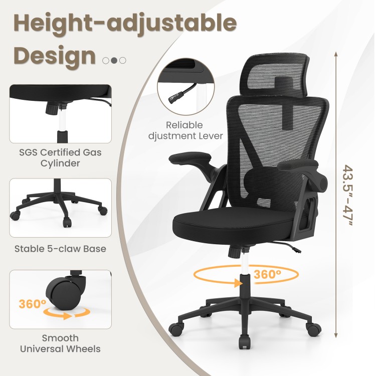 Ergonomic black mesh office chair with adjustable lumbar support, flip-up armrests, and height-adjustable design for.