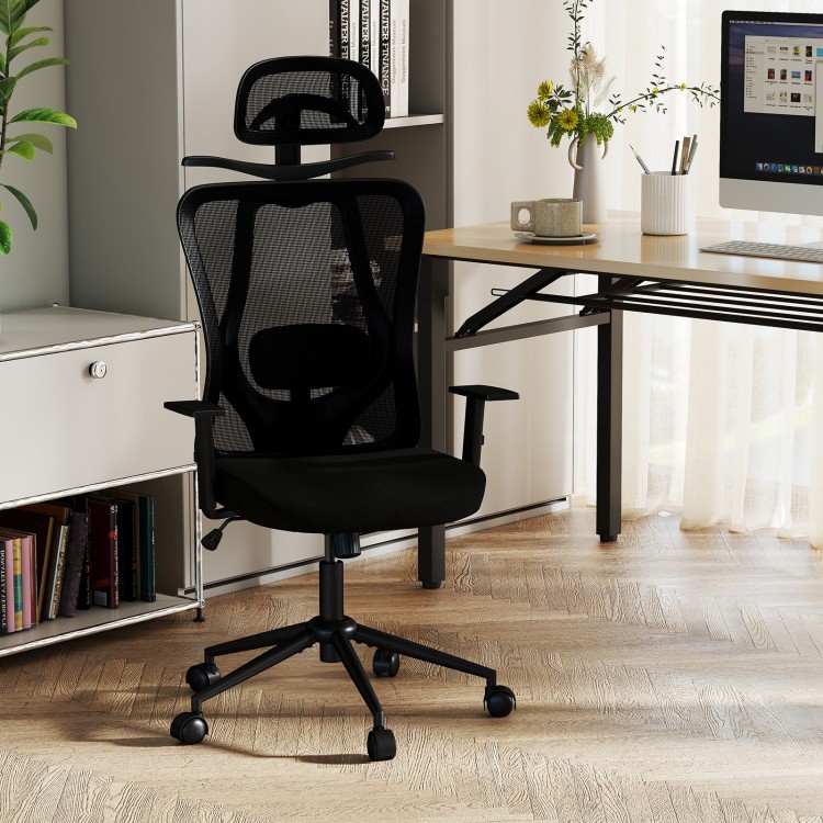 Ergonomic office chair in black with 3D headrest, adjustable lumbar support, and reclining backrest for comfort.