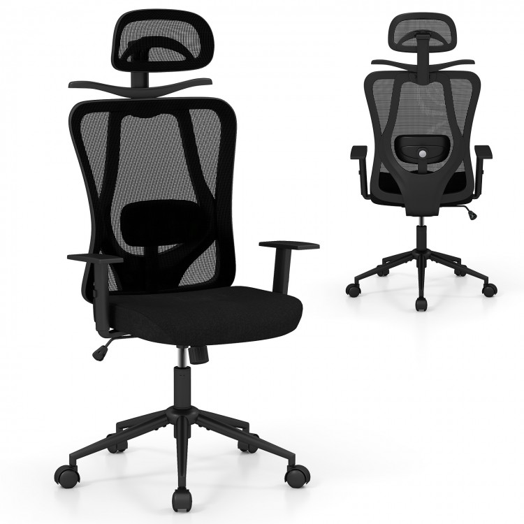 Ergonomic office chair in black with adjustable 3D headrest, lumbar support, and reclining backrest for optimal comfort.