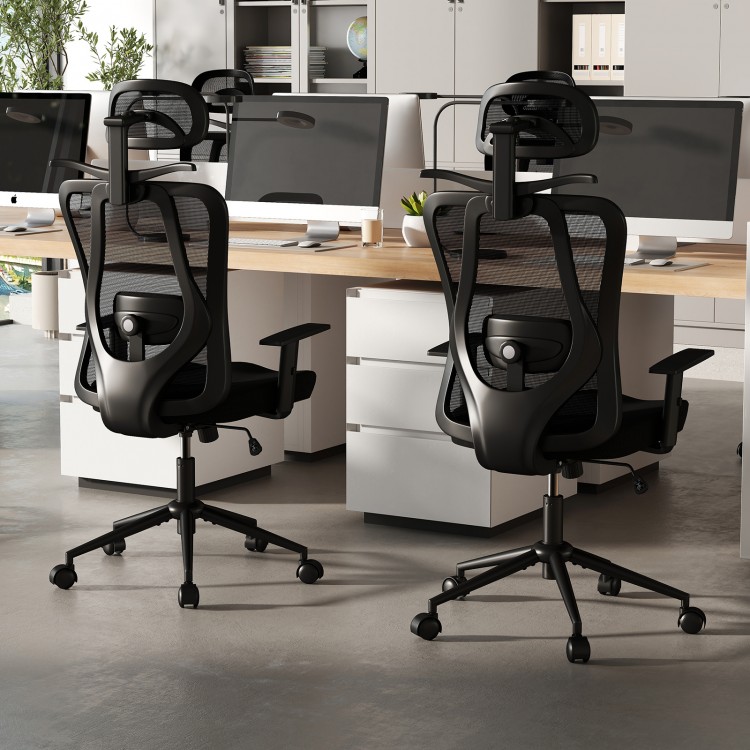 Ergonomic office chair in black with 3D headrest and reclining backrest, designed for comfort and flexibility in.