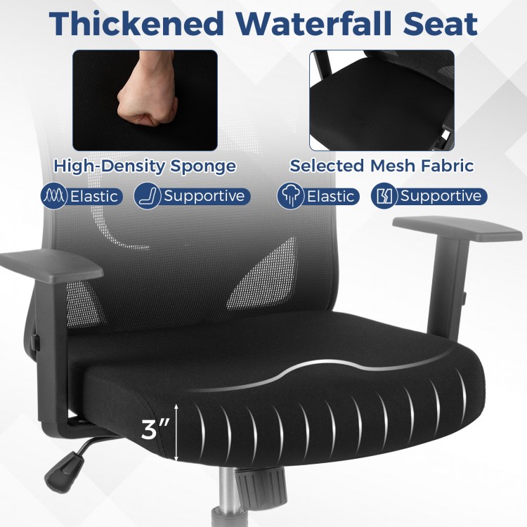 Close-up of the ergonomic office chair's 3" thickened waterfall seat, featuring high-density sponge and mesh fabric for.
