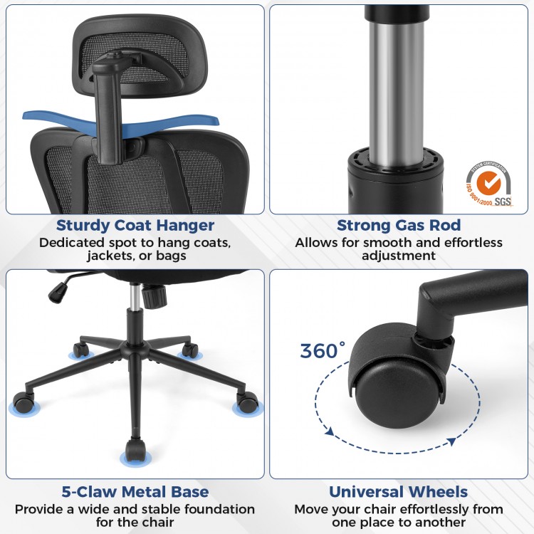 Ergonomic office chair with adjustable headrest, lumbar support, and 360° swivel wheels for flexible seating comfort.