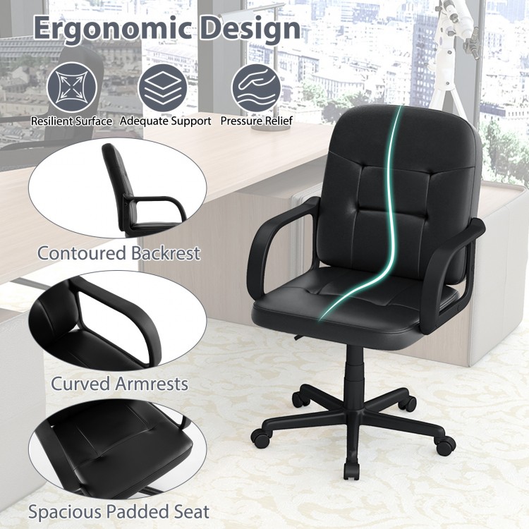 Ergonomic office chair with high back, chrome armrests, and padded seat, designed for comfort in home or business use.