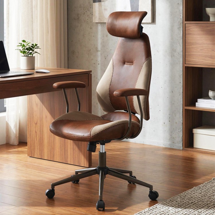 Ergonomic brown office chair with 2D headrest, rocking backrest, and padded armrests, ideal for work or relaxation.