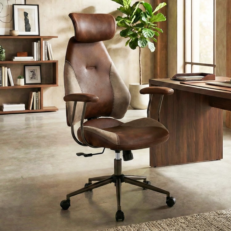 Ergonomic brown office chair with 2D headrest, padded armrests, and rocking backrest for comfortable support in any.