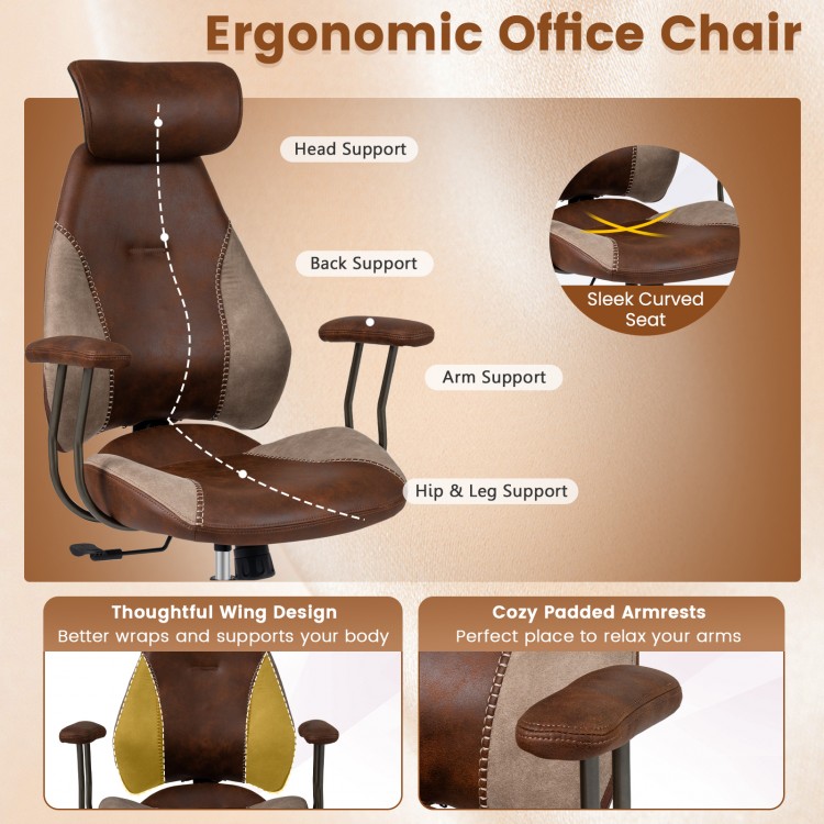 Ergonomic office chair in brown with 2D headrest, padded armrests, and rocking backrest for optimal support and comfort.