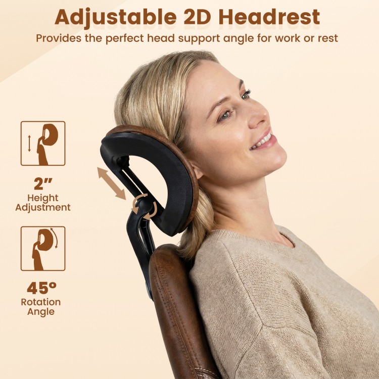 Adjustable 2D headrest of ergonomic office chair provides optimal support for work or rest in brown suede fabric.