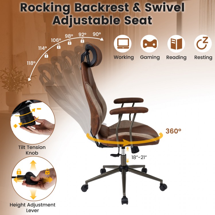 Ergonomic brown office chair with 2D headrest, rocking backrest, and swivel seat, ideal for work and relaxation.