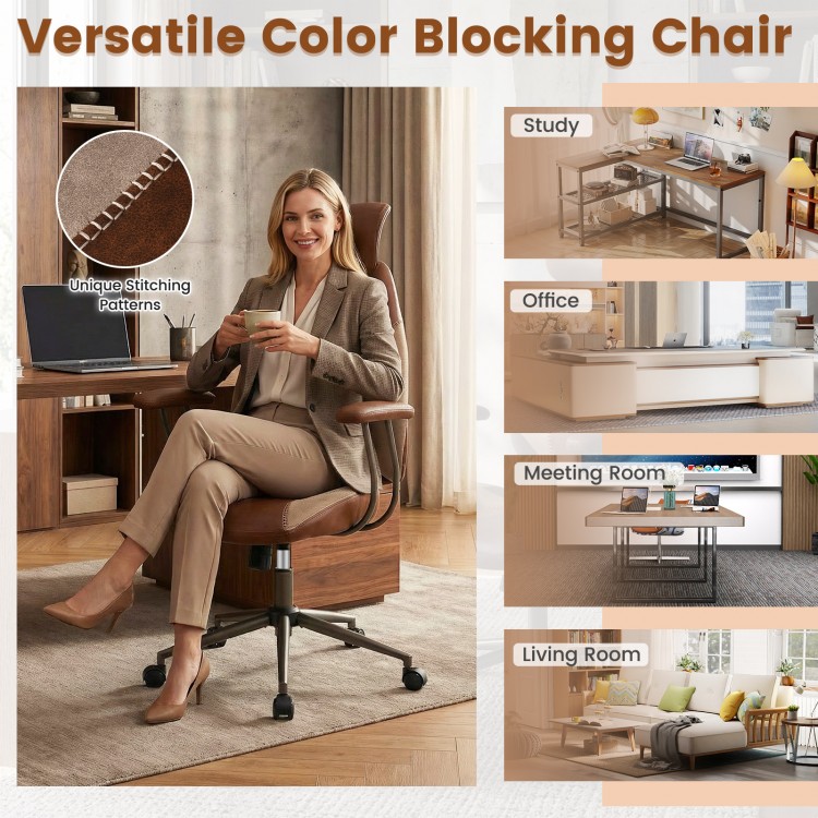 Ergonomic brown office chair with 2D headrest, rocking backrest, and unique stitching, ideal for study or office use.