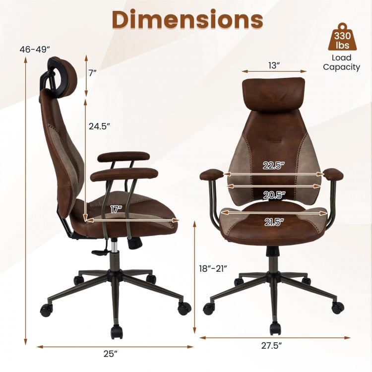 Ergonomic brown office chair with adjustable 2D headrest and rocking backrest, perfect for work or gaming.