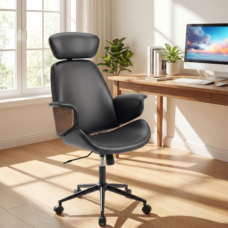 Ergonomic office chair with headrest in black, featuring adjustable height and a stylish wood-like surface for home.