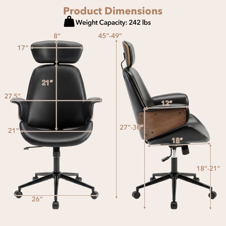 Ergonomic office chair with headrest, adjustable height, and wide backrest for comfort and support in black finish.