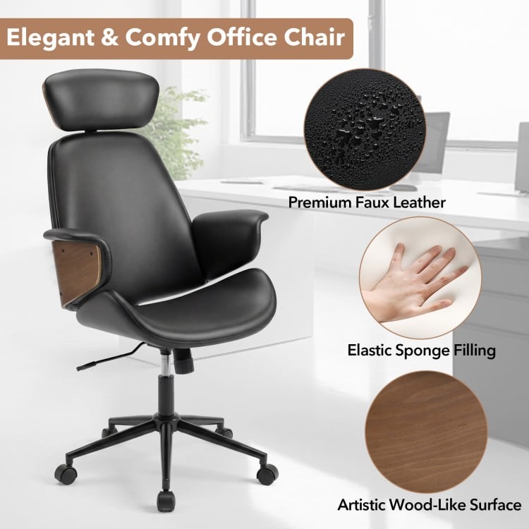 Ergonomic office chair in black with headrest, faux leather, and wood-like surface, ideal for home office comfort.