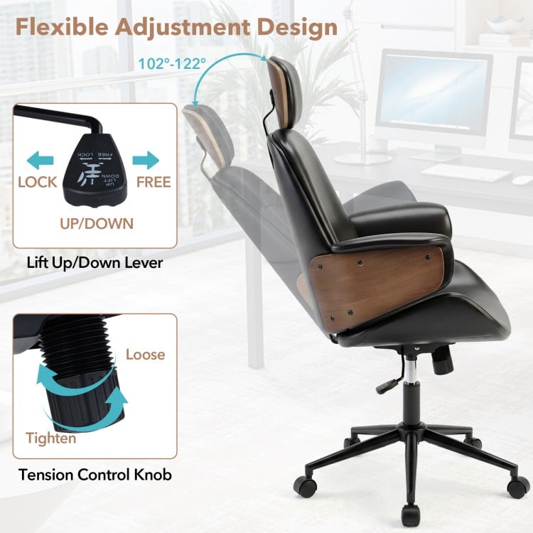 Ergonomic office chair with adjustable height, headrest, and flexible rocking backrest for home office comfort.