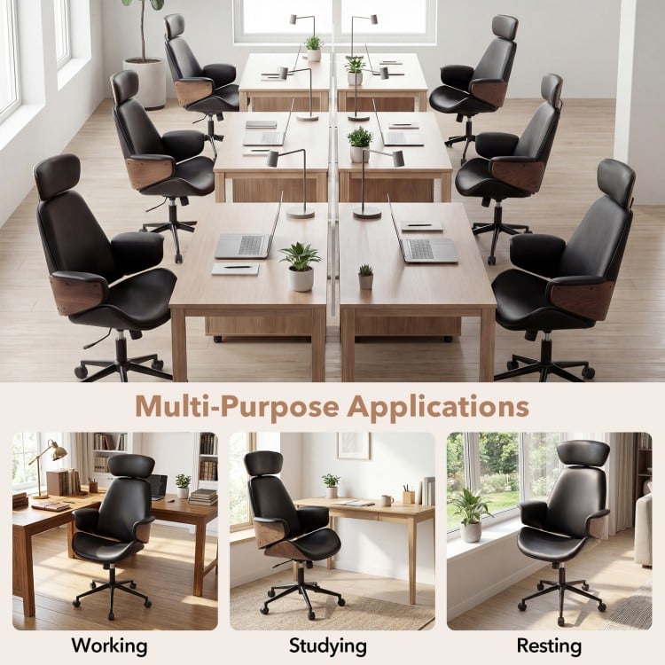 Ergonomic office chair with headrest in black, featuring adjustable height and curved armrests for comfort in.