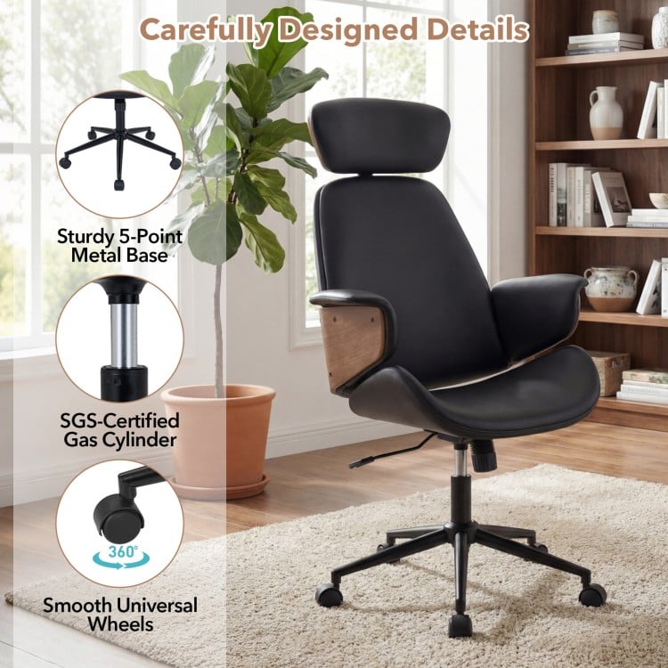 Ergonomic office chair with headrest, adjustable height, black faux leather, and 360° wheels for versatile workspace.