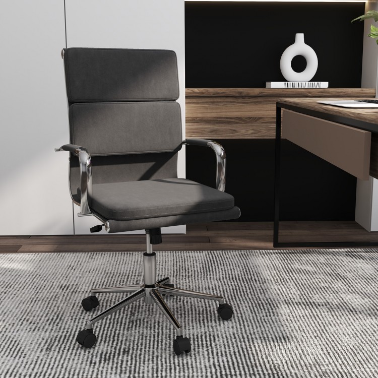 Gray ergonomic office desk chair with adjustable height and rocking backrest, designed for comfort and support in any.