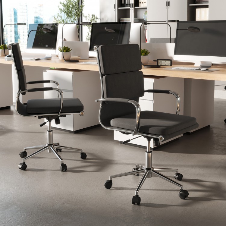 Ergonomic office desk chair in gray with adjustable height, rocking backrest, and padded seat for comfort and support.