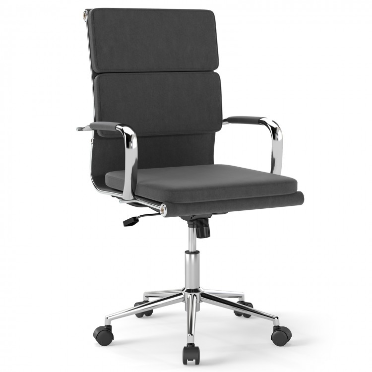 Gray ergonomic office desk chair with height-adjustable padded seat and rocking backrest for versatile comfort.