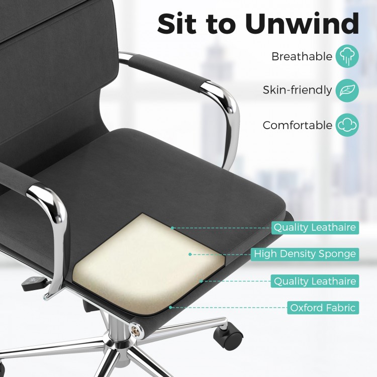 Ergonomic office desk chair with gray padded seat, featuring breathable leathaire and high-density sponge for comfort.