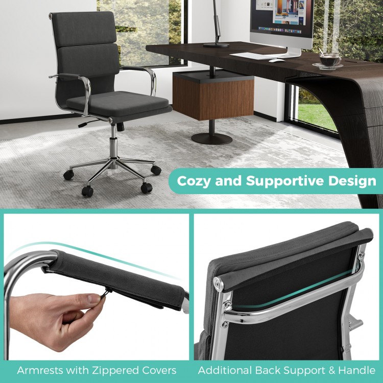 Ergonomic office desk chair in gray with adjustable height, rocking backrest, and zippered armrest covers for comfort.