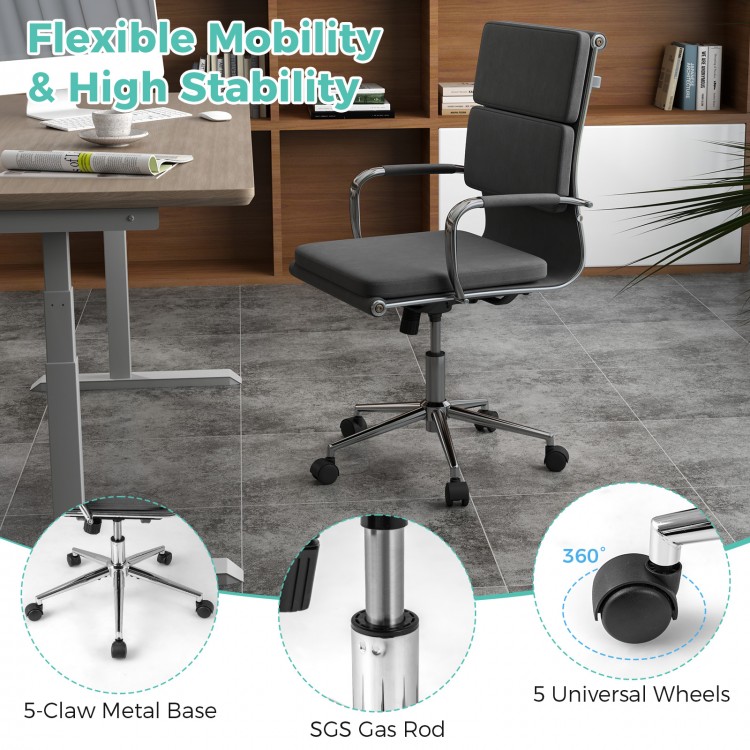 Gray ergonomic office desk chair with adjustable height, rocking backrest, and 5 universal wheels for easy mobility.