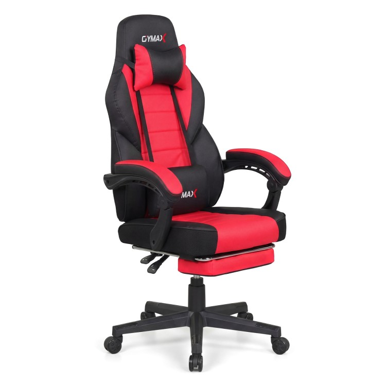 Ergonomic video game chair in red and black with reclining backrest, adjustable height, and retractable footrest.
