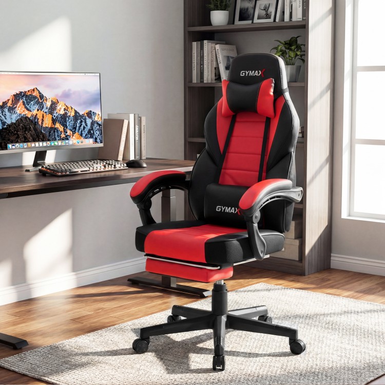Ergonomic red video game chair with reclining backrest and retractable footrest, ideal for gaming and working.