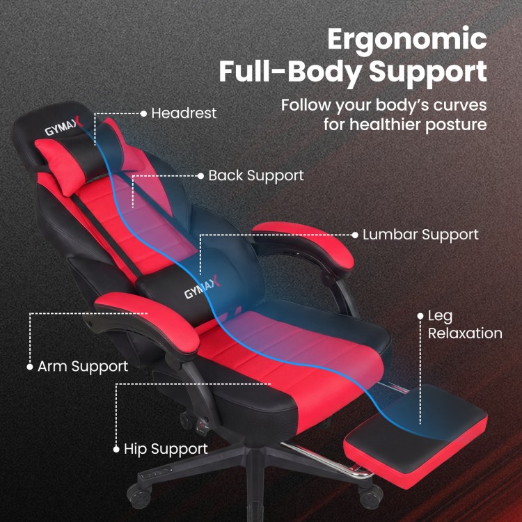 Ergonomic video game chair in red with headrest, reclining backrest, and retractable footrest for optimal comfort.