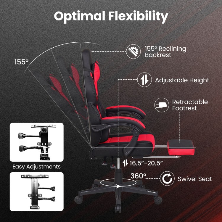 Ergonomic red video game chair with 155° reclining backrest, adjustable height, and retractable footrest for comfort.