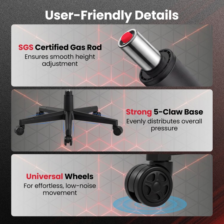 SGS certified gas rod for smooth height adjustment on the ergonomic video game chair with red accents.