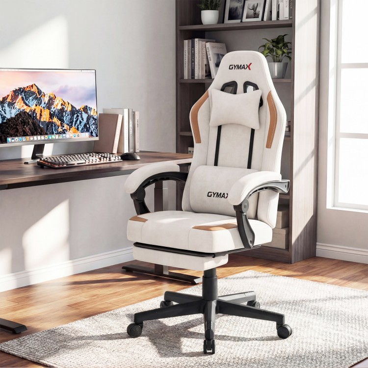 Ergonomic beige video game chair with headrest, 135° reclining backrest, and adjustable height for home office use.