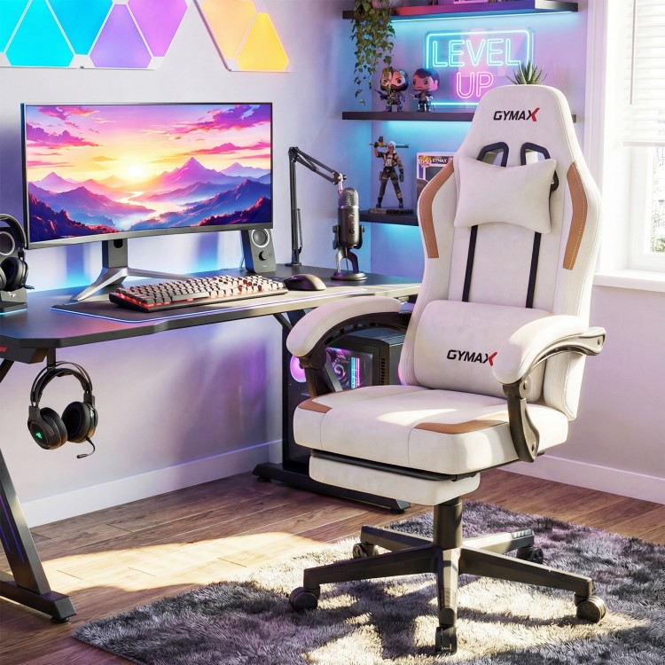 Beige ergonomic video game chair with 360° swivel seat, retractable footrest, and padded armrests for ultimate comfort.