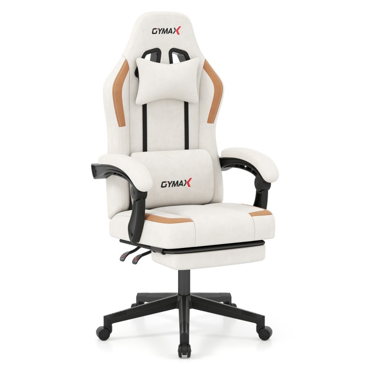 Beige ergonomic video game chair featuring a stylish design, padded armrests, and a retractable footrest for relaxation.
