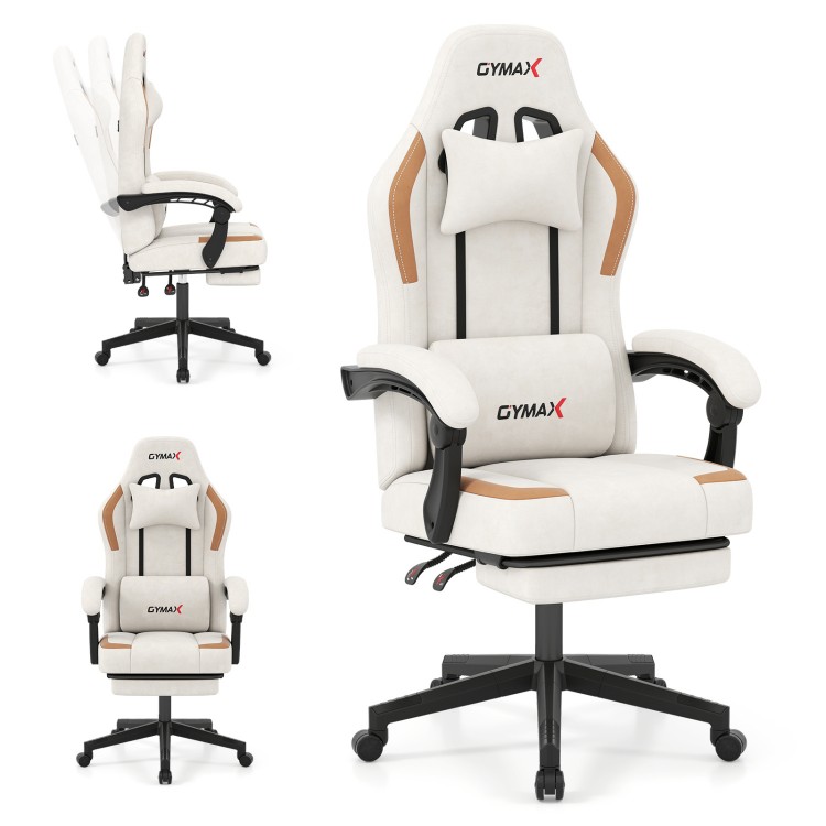 Beige ergonomic video game chair showcasing a side view with a retractable footrest and adjustable padded armrests for.