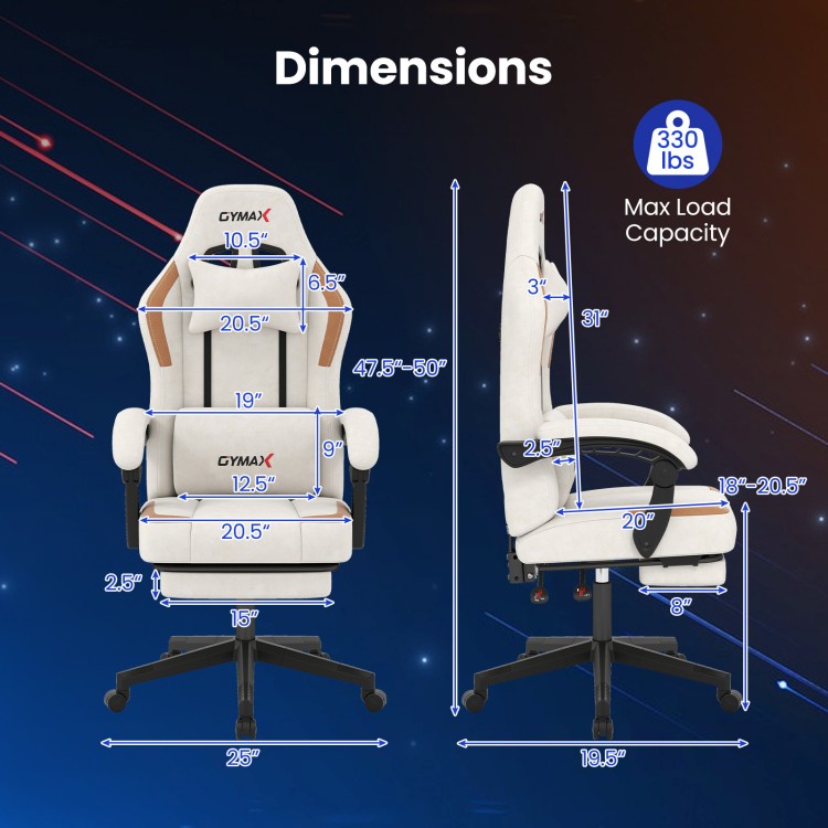 Dimensions of the Ergonomic Video Game Chair in beige, featuring a 135° reclining backrest and adjustable height for.